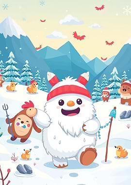 Cartoon Winter Scene Yeti Friends