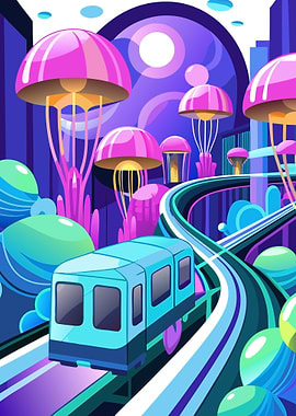 Holographic Underwater Metro Station illustration with Neon Jellyfish and Futuristic Train Metal Wall Print