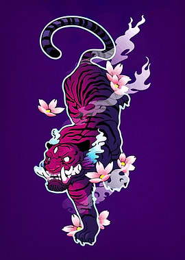 Tiger with Cherry Blossoms on Purple