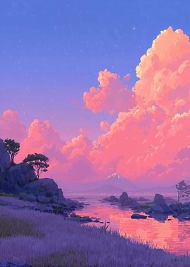 Pink Clouds and Mountain Landscape