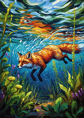 Fox Swimming Underwater Painting