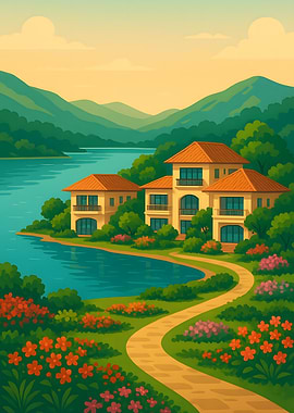 Lakeside Houses with Lush Greenery