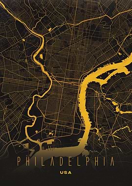 Philadelphia, USA Golden Map - Urban Art Print