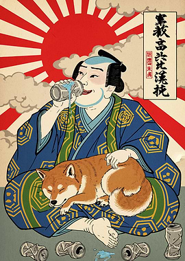 Ukiyo-e Style Man with Shiba Inu