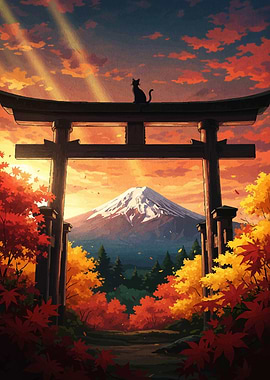 Japanese Torii Gate with Cat and Mountain