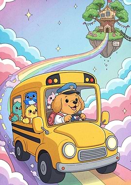 Dog Driving School Bus to Treehouse