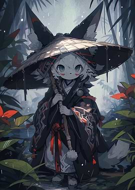 Anime Fox Character in Rainy Forest