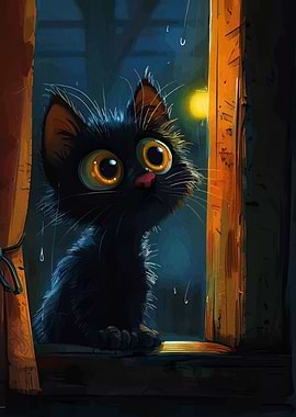 Cartoon Black Cat in Window