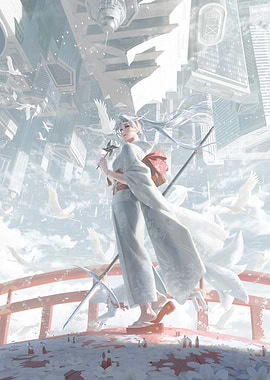 White Kimono Girl in Upside-Down City