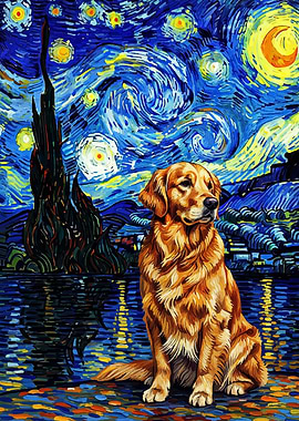 Golden Retriever in Starry Night Style