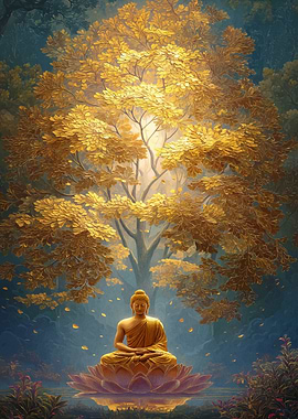 Golden Buddha under a golden tree