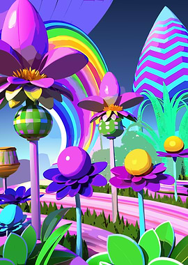 Vibrant Digital Utopia Garden with Synthetic Neon Flowers and Rainbow Arch Metal Wall Print Art