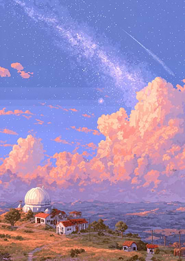 Pixel Art Observatory Under Starry Sky