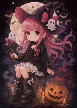 Anime Witch Girl with Halloween Pumpkin