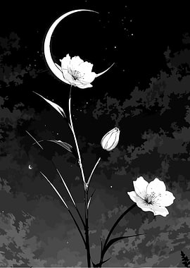 Floral Nightscape with Crescent Moon
