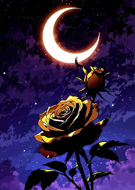 Rose under Crescent Moon Night