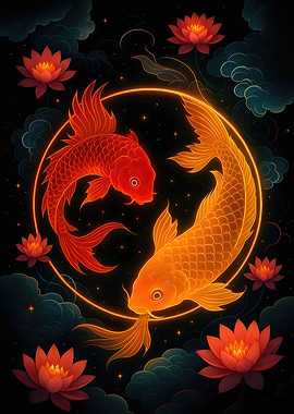 Yin Yang Koi Fish with Lotus