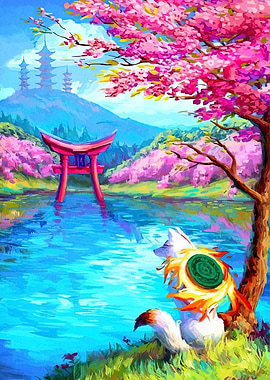 Japanese Landscape with Fox and Torii Gate