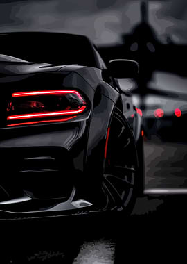 Sleek Black Car with Red Taillights