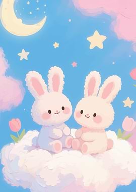 Cute Bunnies Cloud Moon