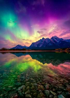 Aurora Borealis over Mountain Lake