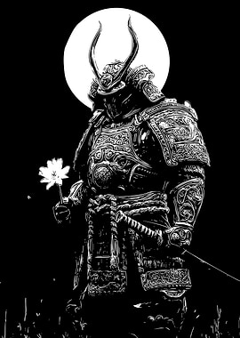 Samurai with Flower in Black and White
