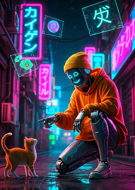 Cyberpunk Robot and Cat in Neon City