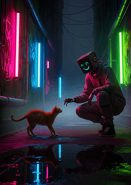 Cyberpunk Figure with Cat in Alley