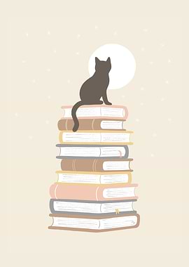 Cute Cat with Books and Moon illustration