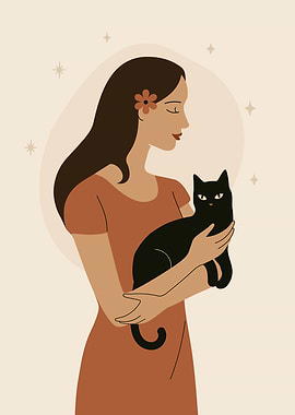 Woman holding a black cat