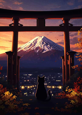 Cat Gazing at Mount Fuji