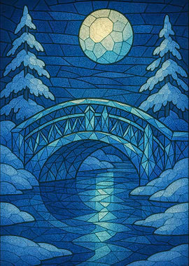 Blue Winter Bridge Stained Glass Style