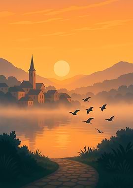 Peaceful Village Sunset with Birds