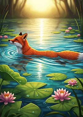 Fox swimming in a lily pond
