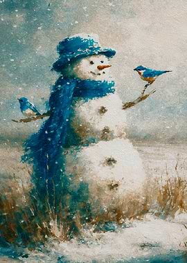 Snowman with Bluebirds