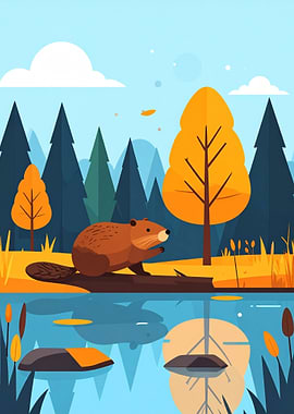 Beaver in Autumn Landscape Illustration