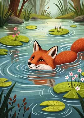 Fox swimming in a pond illustration