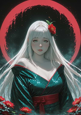 Anime Girl in Kimono with Red Flowers