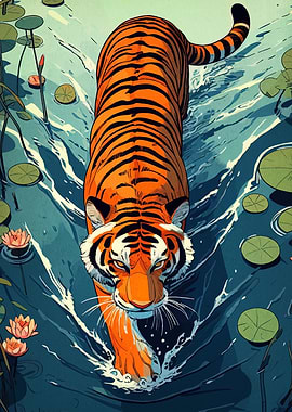 Tiger wading through water with lilies