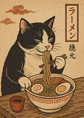 Cat Eating Ramen Illustration