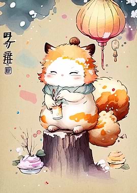 Cute Tanuki Watercolor Illustration