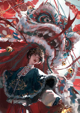 Chinese Lion Dance with Woman