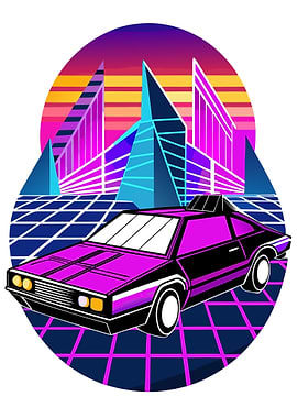 Retro futuristic flying car Illustration on neon grid background with synthwave city skyline