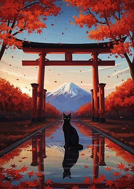 Black Cat at Japanese Torii Gate