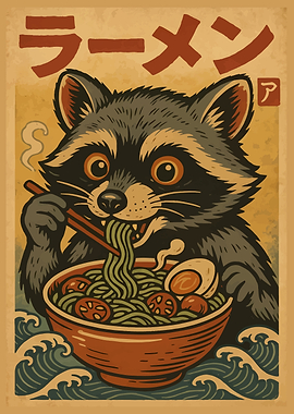 Raccoon Eating Ramen Japanese Art