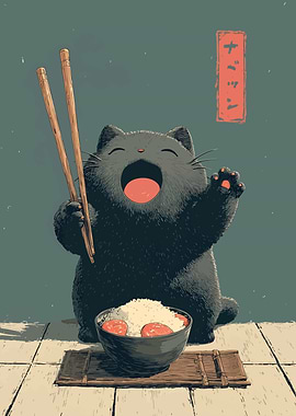 Happy Cat with Rice and Chopsticks