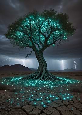 Glowing Tree Under Stormy Sky