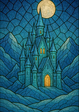 Blue Castle Under Moonlight Stained Glass