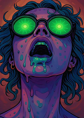 Surreal Portrait with Glowing Green Eyes
