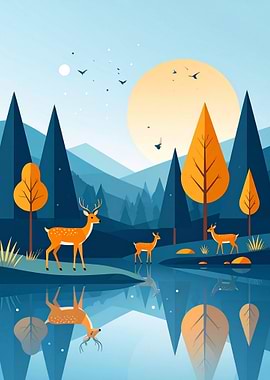 Geometric Deer Landscape with Lake Reflection